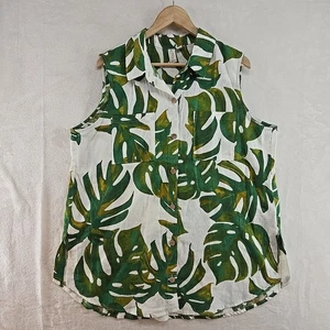 Joie Leinen Top XL Weiß Grün Monstera Blatt Küstenknopf Leinen Ärmellos Neu - Bild 1 von 13