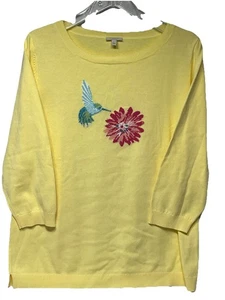 Talbots HUMMINGBIRD Lg Yellow Cotton Pullover Sweater Granny Cottagecore - Picture 1 of 7