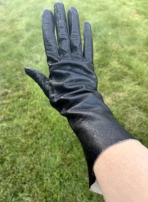 VTG Kislav Kid Black Leather Women Mid-Forearm Gloves Elegant France 6 1/3 11” - Image 1 of 4
