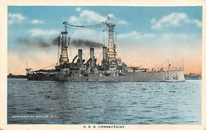 U.S.S Schlachtschiff Connecticut auf See United States Navy Militär Vintage Postkarte - Bild 1 von 2