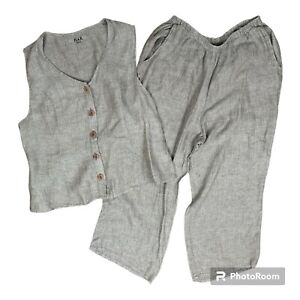 Flax Vest Pants 2pc Set Medium Linen Lagenlook Boho Tan Cropped Wide Leg