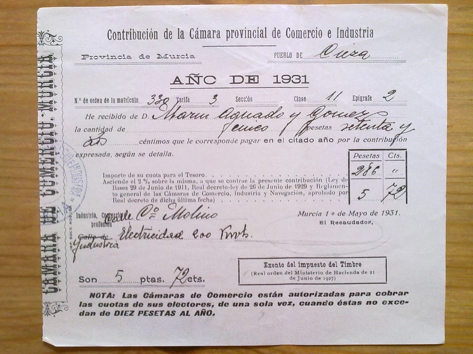 DOCUMENTO CONTRIBUCION MUNICIPAL MURCIA.CIEZA,1931 - Imagen 1 de 1
