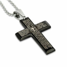Silver Plated Steel Men Cross Pendant Black Bible Necklace English Lord Prayer