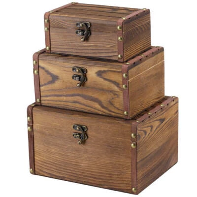 Rustic Brown Wood Mini Storage Chests w/ Latch, Nesting Storage Box, Set of 3 - Image 1 of 4