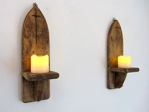 PAIR OF 29CM RECYCLED PALLET WOOD GOTHIC ARCH WALL SCONCE LED CANDLE HOLDERS - Picture 1 of 6