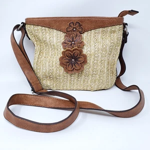 Kensie Vegan Faux Leather Straw Brown/Beige Floral Crossbody Shoulder Bag Purse - Picture 1 of 14