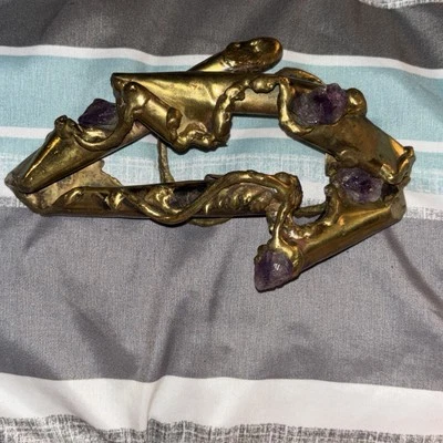FIVELA DE CINTO DE BRONZE BRUTALISTA BOA PEDRAS DE AMETISTA - Imagem 1 de 4