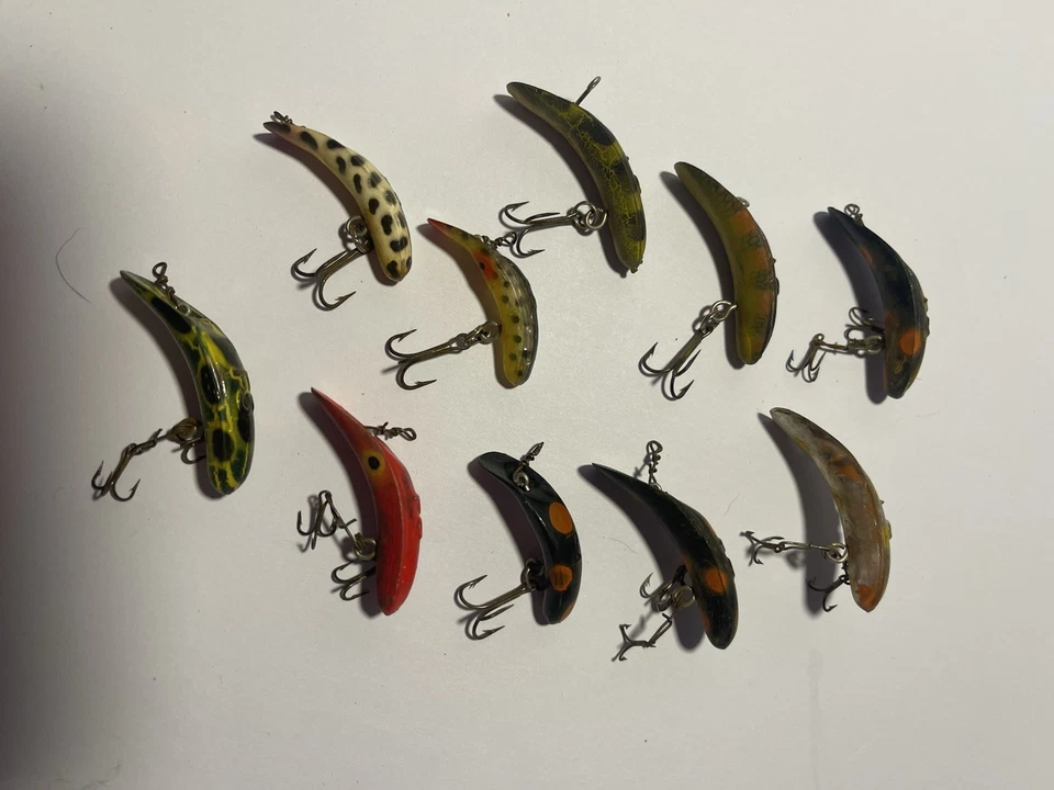 Lote De Colección De 10 Señuelos Helin Fly Rod Flatfish F4 F5 Usado Plástico Verde Amarillo Foto 1 de 1