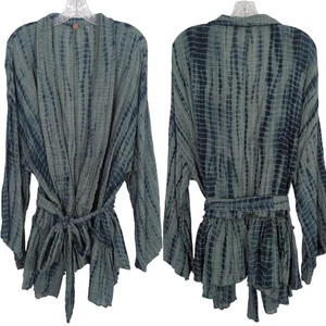 Free People FP One Sasha Tie Dye green Kimono M / L Boho Ruffle Hem Open Front - Picture 1 of 13