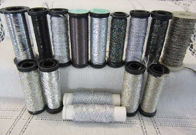 15 Kreinik Metallic SILVER BLACK Braids Blending Filament Ribbon NO LABELS lot - Image 1 of 4