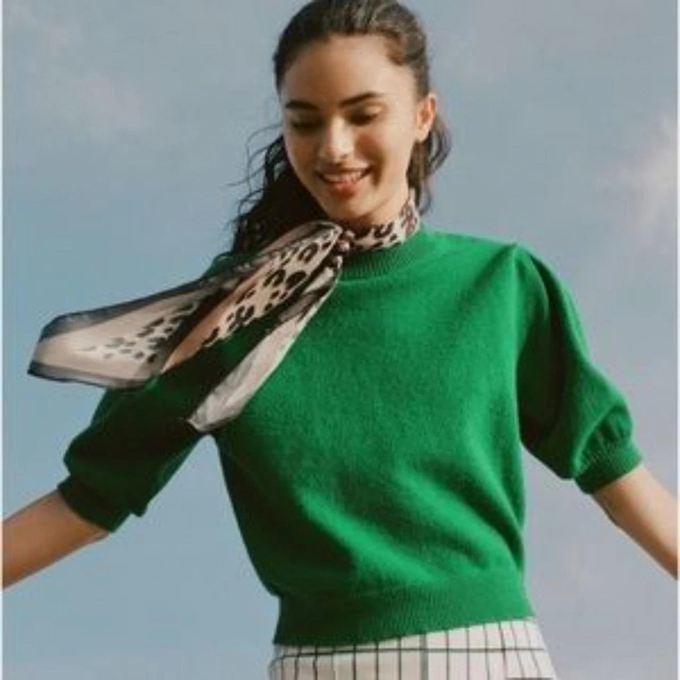 Suéter Moth para mujer XL verde manga abullonada manga corta cuello redondo tejido pulóver top Foto 1 de 4