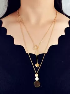 2 pcs Gold Chain Round Disc Love Heart Pendant Necklace Double Collar Women Gift - Picture 1 of 7