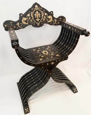 Antique Renaissance Revival Neoclassical Inlaid Savonarola Chair Mother of Pearl Cover