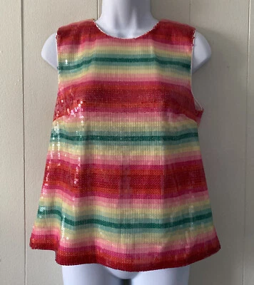 NWOT J Crew Sleeveless Top Pink Green Watermelon Stripe Sequins Christmas Sz XS - Image 1 of 4