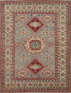 Geometric Gray/ Ivory Super Kazak Oriental Area Rug 5'x6' Wool Hand-knotted Rug - Picture 1 of 12