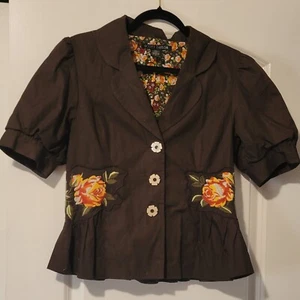 Scott Taylor Blazer Womens Size L Brown Enbroidered Floral Short Sleeve - Picture 1 of 3