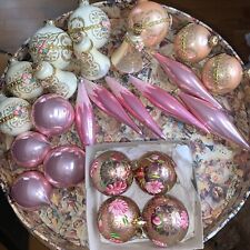 VTG Lot 24 Christmas Glass Ornaments glitter, roses. Icicles, round, bell Pink