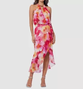 X by Xscape Womens Pink Chiffon Floral Sleeveless Halter A Line Dress Size 12 - Picture 1 of 3