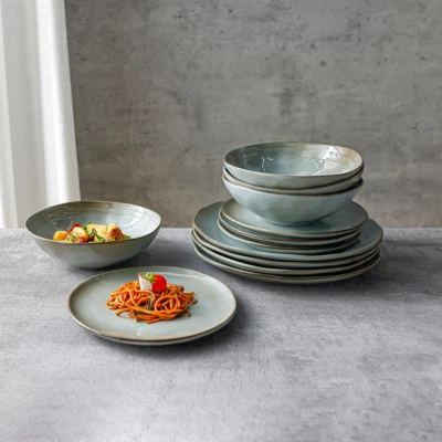 Essgeschir aus Keramik 12 tlg buntes Geschirrset Pastateller mit Farbe Vintage - Bild 1 von 4