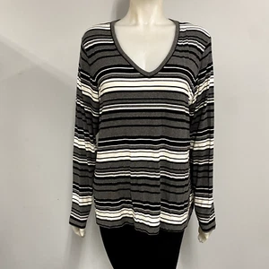 Marina Rinaldi Sport Gray Sparkle Stripe Womens V-Neck Shirt Top Large L - Picture 1 of 8