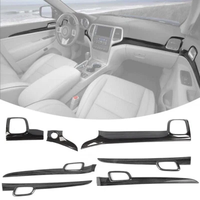 Black Wood Dash Panel + Door Handle Cover Kit Trim for 14-20 Jeep Grand Cherokee Foto 1 de 4