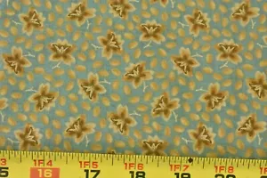 By 1/2 Yd, Gold & Brown Floral on Dusty-Blue Cotton, Moda, Howard Marcus, P9373 - Picture 1 of 7