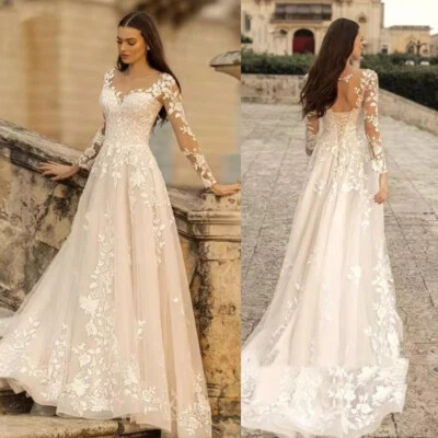 Elegantes Vestidos de Novia Cuello en O Encaje Línea A Boho Mangas Largas Boda Novia Foto 1 de 4