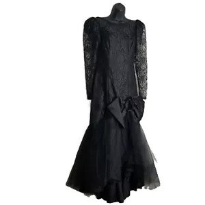 Vintage Lace Formal Gown Black Size M Romantic Goth Prom Dress Tulle Bow 80s - Picture 1 of 11