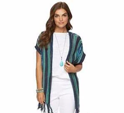 全新 Chaps 女式开襟开衫帽袖毛衣背心条纹蓝色 M L 全新带标签 — 第 1/4 张图片