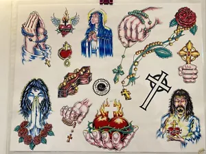 Adam Kaplan Paul Mafury 2000 Tattoo Flash Wall Art Sheet Jesus Rosary Cross - Picture 1 of 1