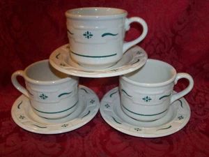 Longaberger Keramik Kaffee 8 Unzen Tassen/Untertassen grün gewebt Traditionen 3er Set - Bild 1 von 3