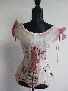 Unikat Set Corsage Korsett Carmen Bluse Vintage Floral Creme rose Baumwolle S-M - Bild 1 von 12