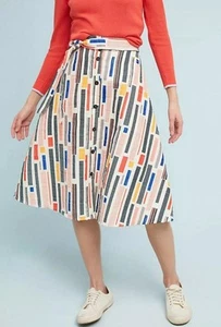 Anthropologie Hutch 50s Midi Skirt A-Line Colorful Artsy Button Front Striped 10 - Picture 1 of 12