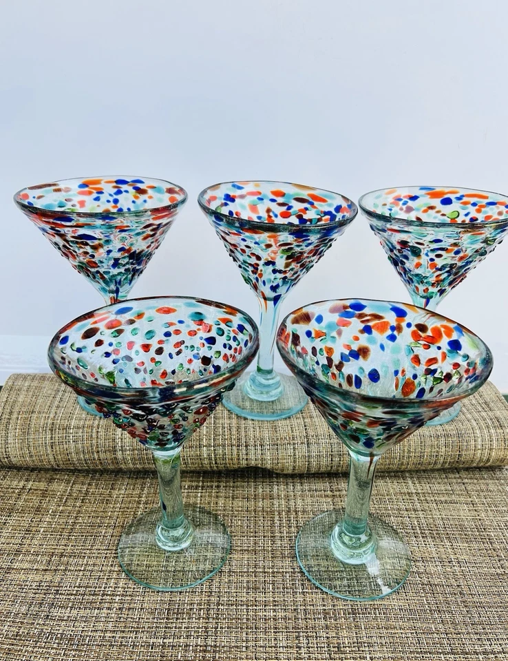 "Juego de 5 vasos de martini confeti de 7"" con guijarros de colección ~ vajilla mexicana soplada a mano" Foto 1 de 4