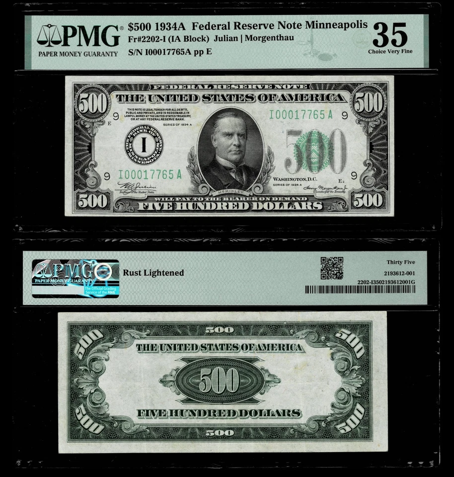 FR.#2202-I 1934 $500 FR NOTE ,MINNEAPOLIS I00017765A  PMG  CHOICE VF 35 - Image 1 of 1