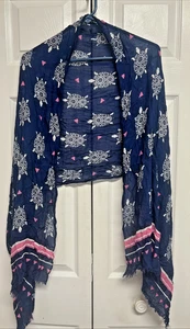 Vera Bradley soft Fringe Scarf Rayon Blue White Turtle Print - Picture 1 of 7