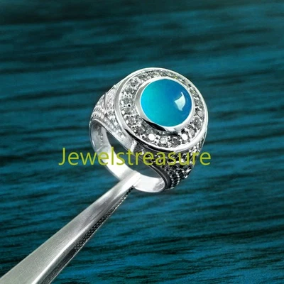 Piedras preciosas de calcedonia natural y circonita cúbica con anillo de plata de ley 925 para hombre #455 Foto 1 de 4