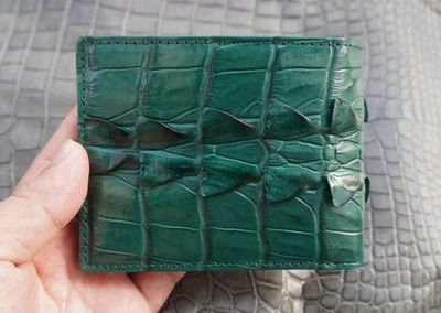 Cartera plegable hecha a mano de cuero con espalda de cuerno de cocodrilo real verde #Y30 Foto 1 de 4