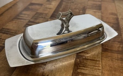 Plato de mantequilla Kromex MCM 1960 plateado Art Deco 8 1/4" L EE. UU. de colección Foto 1 de 4