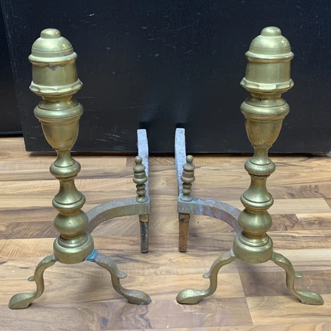 Antique 1850s Pair of Heavy Brass & Wrought Iron Fireplace Andirons - 19”H 24”L Cover