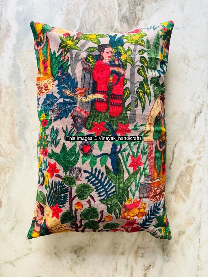 Gray Frida Printed Velvet Cushion Cover Pillow Throw Indian Handmade Cover - Image 1 of 4