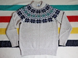 VTG 70s Woolrich Wool Beige Fair Isle Nordic Camp Pullover Sweater Unisex L - Picture 1 of 7