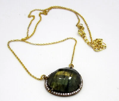 Estate Vintage Sterling Silver Vermeil Labradorite Diamond Pendant Necklace - Image 1 of 4