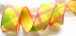 Sommer Karo 1,5" mal 4 Yard gelb limettenrosa diagonales Muster Frühling Drahtband - Bild 1 von 4