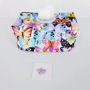 Tissue Box Cover Handmade Multi-Coloured Butterfly Print Silver Circle Opening - Picture 1 of 11