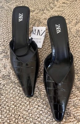 New Zara ANIMAL PRINT HIGH HEELED Leather MULES Shoe ,Color Black,Size 8US(39 EU - Image 1 of 4