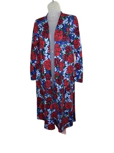 Cárdigan Suéter Plumero Lularoe Sarah Talla Mediana Rojo Rosas Sobre Azul Línea Larga - Imagen 1 de 6