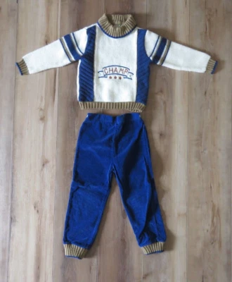 VTG 2 PC Philippines CHAMP Knit Sweater Blue Corduroy Pants Outfit Toddler 4 SEE - Image 1 of 4