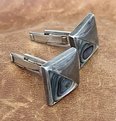 复古 1958 年代 Taxco FRA 925 纯银鹰号 3 件鲍鱼壳方形袖扣 — 第 1/4 张图片