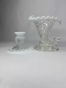 Pair Fenton White Opalescent Glass Hobnail Candle Holders - Picture 1 of 24